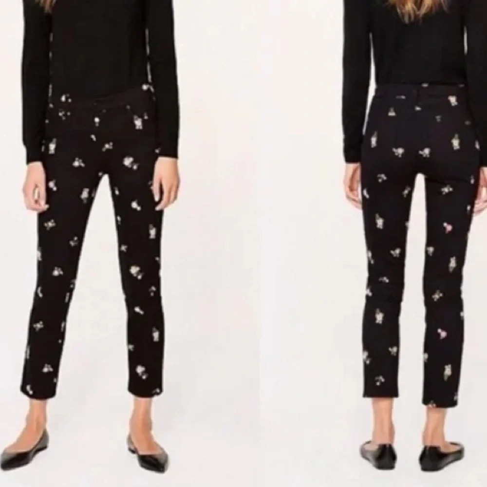Tory Burch Brindle Black Floral Embroidered Cropped Jeans Business Casual Twee
